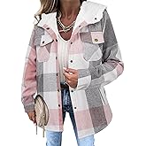 Zeagoo Womens Plaid Shacket Jacket Long Sleeve Fleece Hooded Jackets Fall Winter Warm Coat S-2XL