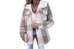 Zeagoo Womens Plaid Shacket Jacket Long Sleeve Fleece Hooded Jackets Fall Winter Warm Coat S-2XL