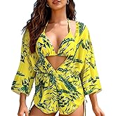 Bolsamila 3 Piece Swimsuits for Women Sexy Leaf Print Bikini Set Mesh Cover Up Tropical Swimsuits XS-XXL