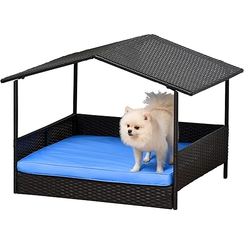 PawHut Wicker Dog House Raised Rattan Bed for Indoor/Outdoor with Cushion Lounge