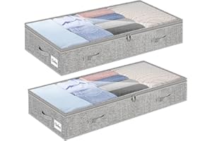 KUKIKAN 2 Pack 100L Under Bed Storage Containers, Low Profile Closet Organizers and Storage Bins for Dorm, Foldable Underbed Bag for Clothes, Blanket, Sheets, Wrapping Paper, Clear Window & Dual Zippers, Grey