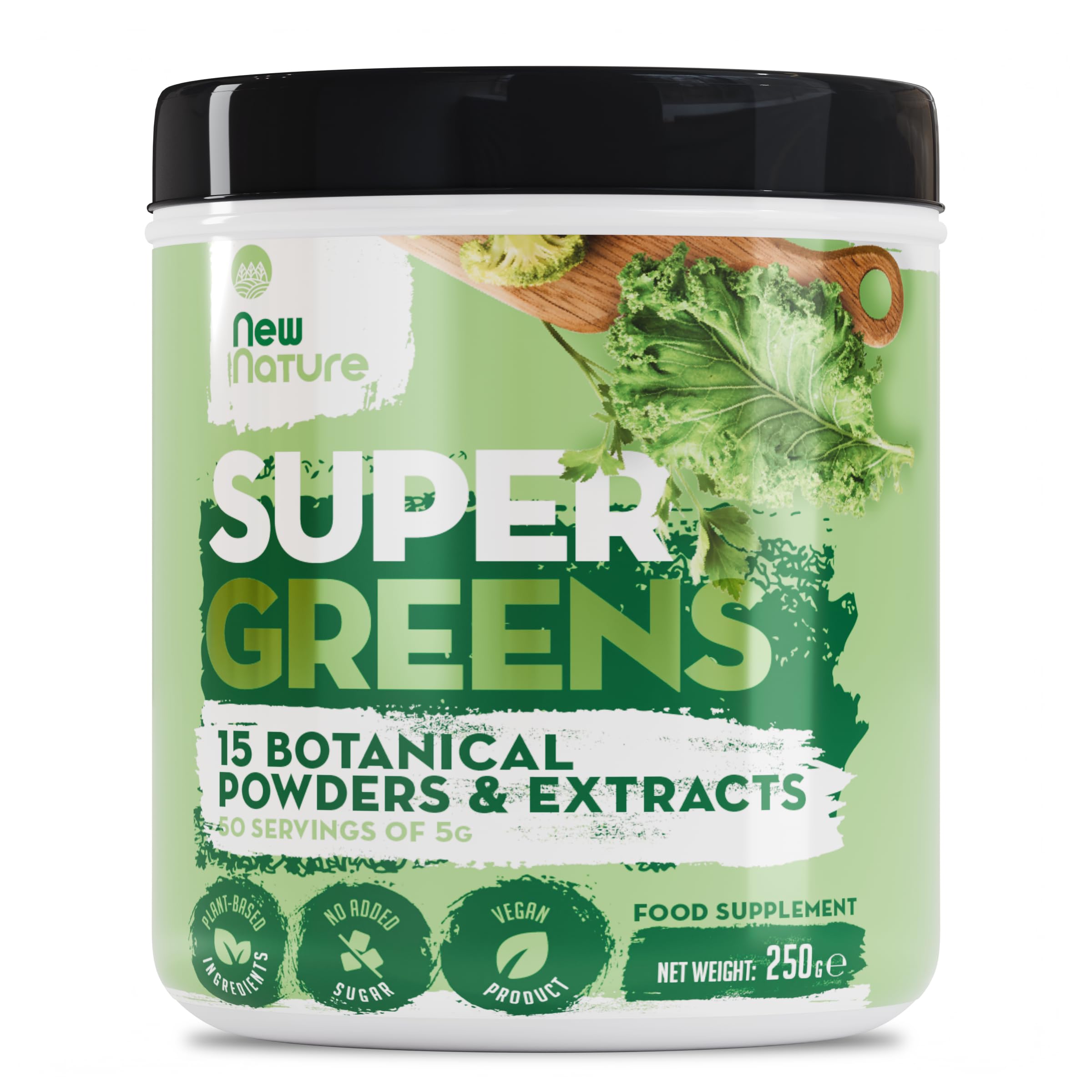 New Nature Super Greens Powder - 15-Ingredient Superfood Blend - Vegan, Sugar-Free, No Additives - Made in Germany - 50 Servings (250g)