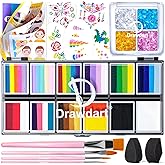 Drawdart Professional Face Painting Kit for Kids Adults, Rainbow Split Cake Face Paint Makeup Palette 12 x 10gm+ 4 Colors Pro Pressed Glitter Eyeshadow Palette, with Brushes Sponges Stencils Gems