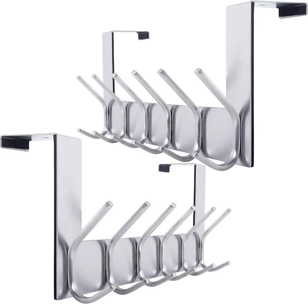 WEBI Over The Door Hook Six Hook Hanger Silver, 2 Packs