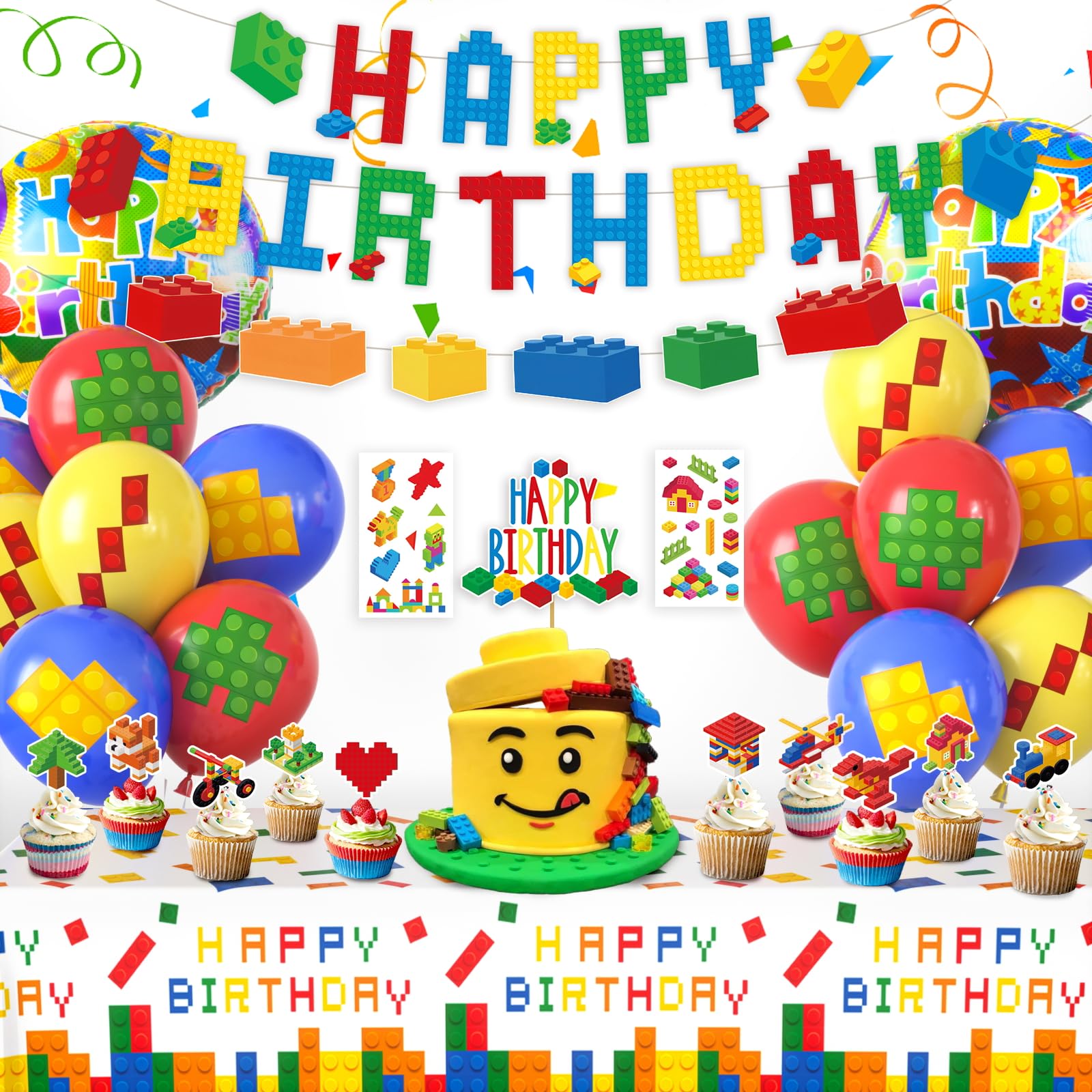 Photo 1 of Building Block Birthday Party Decorations Supplies Kit - Balloons Tablecloth Banners Cake Toppers Foil Balloons Tattoo Stickers - Birthday Decorations for Kids Boys Girls Building-Themed Celebration