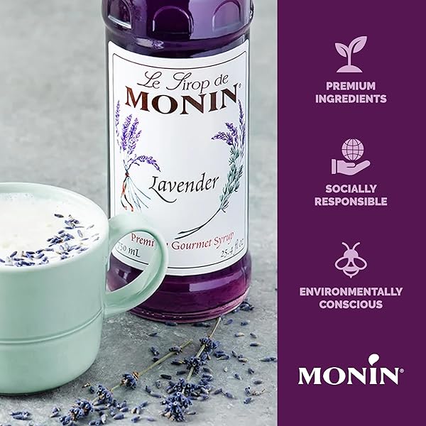 MONIN – LAVENDER SYRUP | AROMATIC & FLORAL, PREMIUM SYRUP FOR COCKTAILS, LATTES & MORE | CLEAN LABEL WITH NO ARTIFICIAL FLAVORS, NO ARTIFICIAL PRESERVATIVES (BPA FREE BOTTLE, 33.8 FL OZ)