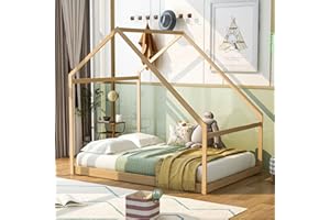 Harper & Bright Designs House Bed Full Kids Bed Frame with Roof, Box Spring Needed, for Toddlers, Kids, Teens, Girls, Boys (Natural)