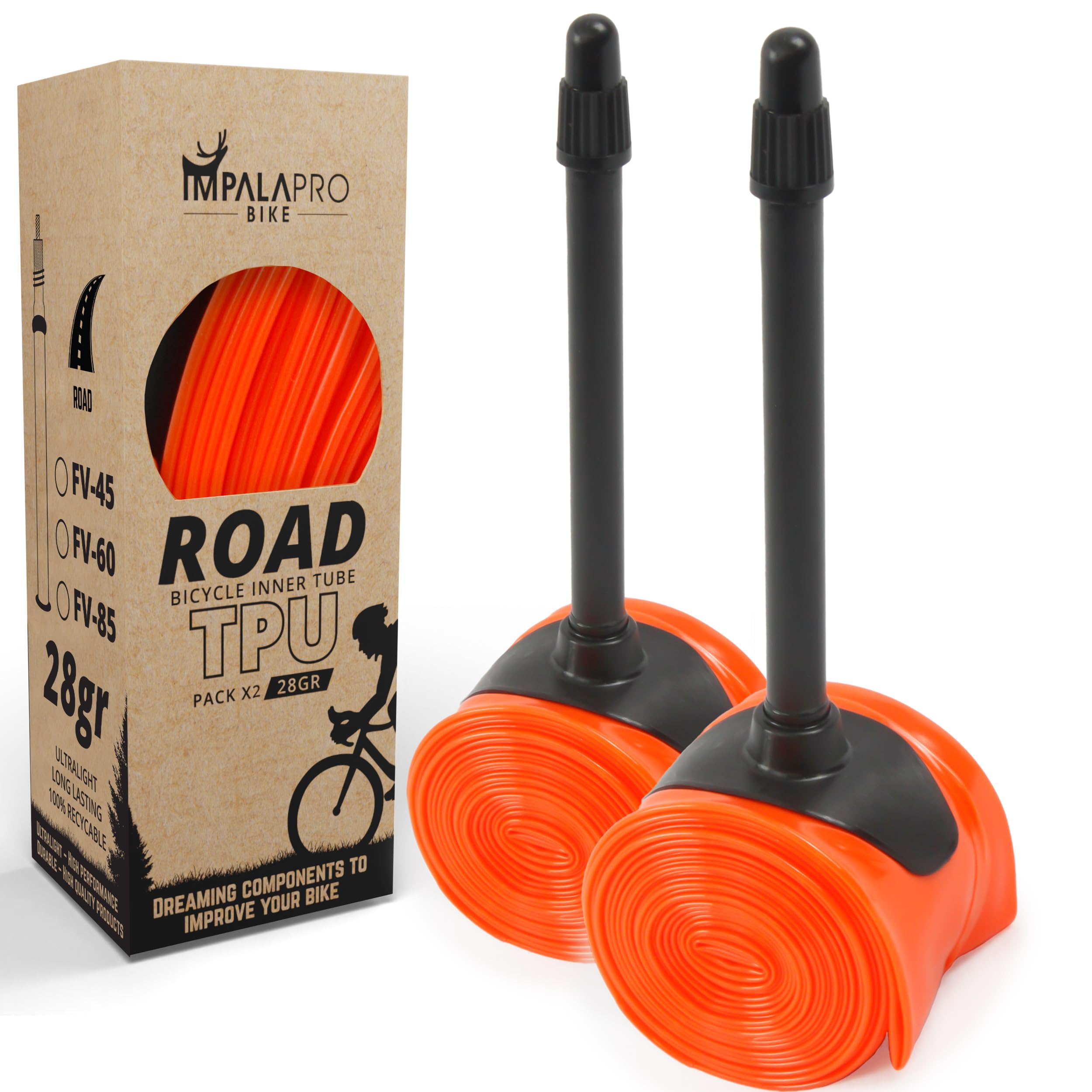 IMPALAPRO Ultralight TPU Inner Tube 700C 28g Compatible with 700x18/23/25/28/30/32C Presta Valve 45/65/85mm -TPU Road Bicycle Tire 28'' - 700C Bike Inner Tube (2Pcs - Val 85mm)