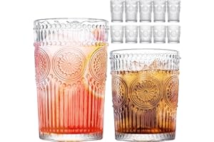 Vintage Drinking Glasses Set of 12, Textured Clear Striped Glass Cups-6 Highball Glasses 13oz & 6 Rocks Glasses 10oz, Ribbed 