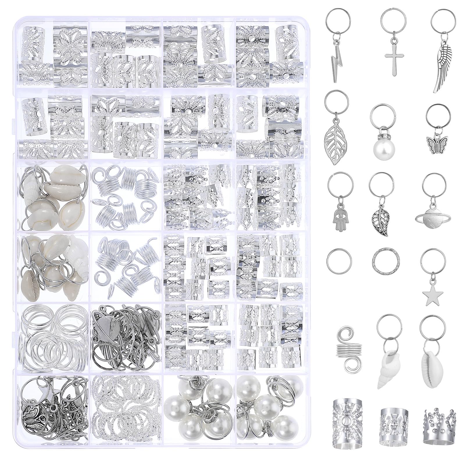 WLLHYF 230 Pcs Hair Jewelry for Braids Loc Hair Dreadlock Metal Hair Coils Rings Cuffs Clips Gold Hair Charms Pendants Christmas Hair Styling Accessories Decorations for Women Girls (Silver) — image 1