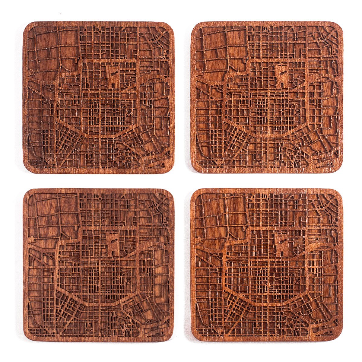 Xi'an Map Coaster, Set of 4, Sapele Wooden Coaster with City Map, Handmade