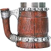 Nordic Viking Beer Mug, Large Resin + Stainless Steel Viking Drinking Cup, Wood Style Beer Mug, Norse Mythology Beer Stein Mug Barrel, Cool Decor for Home Nordic Norse Restaurant Vintage Bar - 20 OZ