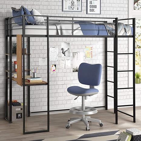 Amazon Com Metal Loft Bed With Desk And 2 Shelves Twin Full Loft Bed Frame For Kids Adults Twin Black Kitchen Dining
