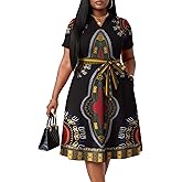 FANDEE Plus Size Dresses, Women Summer Casual V Neck Short Sleeve A-Line Cocktail Shirt Midi Dress with Belt and Pockets