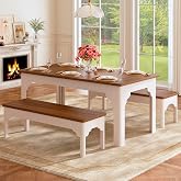 HUAHUU 63" Farmhouse Dining Table Set for 4-6, Kitchen Table with 2 Benches, Space Saving 3-Piece Rectangle Wooden Dinette Table Set for Dining Room, Breakfast Nook, Small Space, Brown &amp; White