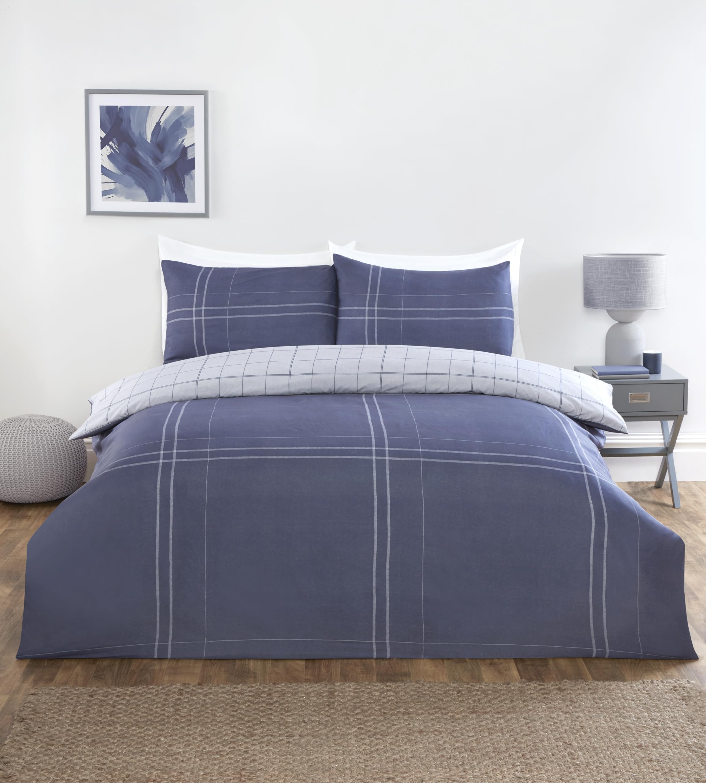 Rapport home King Blue Checkered Duvet Cover Set - Soft Microfibre Bedding with Fitted Sheet & Pillowcases - Easy Care Gingham Design
