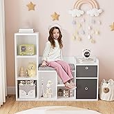 IDEALHOUSE 44 Inch Kids Bookshelf and Toy Storage with Reading Nook & Seat Cushion, Toy Storage Organizer with 6 Cubby and 2 Extra Drawers, Kids Reading Nook for Playroom Kid Room