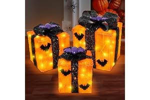 Caxchiling Halloween Lighted Gift Boxes 3 Pak with 52 Led Lights, Battery Operated Timer, Light Up Bats Gift Boxes Decorations for Indoor Home Porch Party Yard