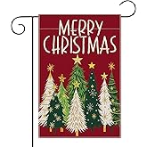12 x 18 Inches Merry Christmas Garden Flag – Double-Sided Linen Holiday Yard Flag with Green and White Christmas Trees on Red Background for Winter Porch Outdoor Decorations
