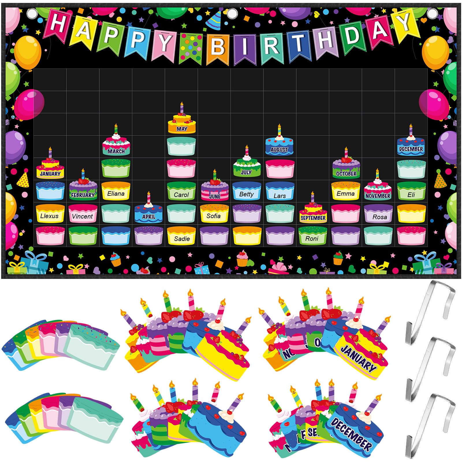 Photo 1 of Pasimy Happy Birthday Pocket Chart Classroom Reusable Birthday Calendar Wall Hanging Chart with 144 Dry Erase Cards and 3 Hooks for School Classroom Bulletin Board Decor