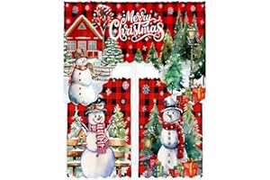 FuWeave Christmas Kitchen Curtains 3 Piece Set Plaid Snowman Window Curtains and Valance Set Xmas Curtain Swag for Kitchen Bedroom Living Room Decor, 60 x 36 Valance, 36 x 30 Tier