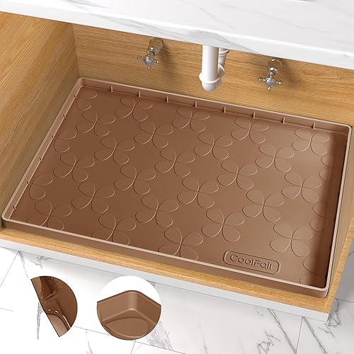Waterproof Under Sink Mat, 34" x 22" Silicone Mat for Kitchen Bathroom, Cabinet Liner for Kitchen Organizers and Storage Sink Drip Tray, Leaks, Easy to Clean, Holds 3.3 Gallons - Brown