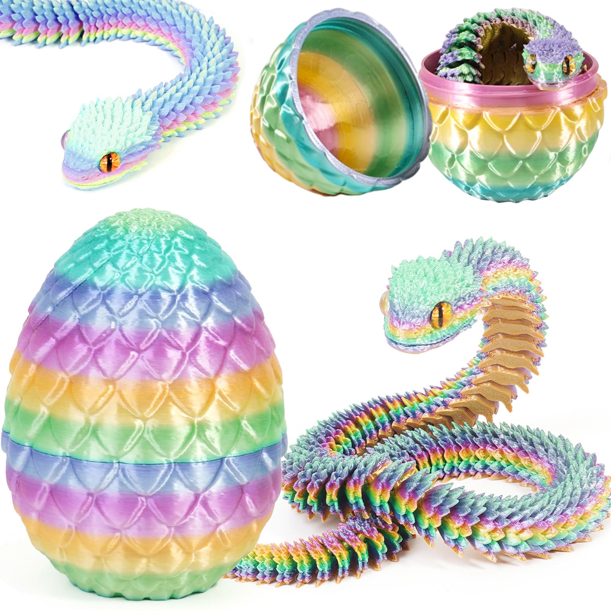 Joycabin 3D Printed Animals, 3D Printed Snake Fidget Toy, Easter 3D Printed Dragon Egg Snake Eggs, Fidget Mini Animals Toy Articular Mobility Toys for Adults and Kids Autism/ADHD (Rainbow) — image 1