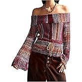 MakeMeChic Women's Crochet Off The Shoulder Sweater Striped Bell Sleeve Tie Front Pullover Tops