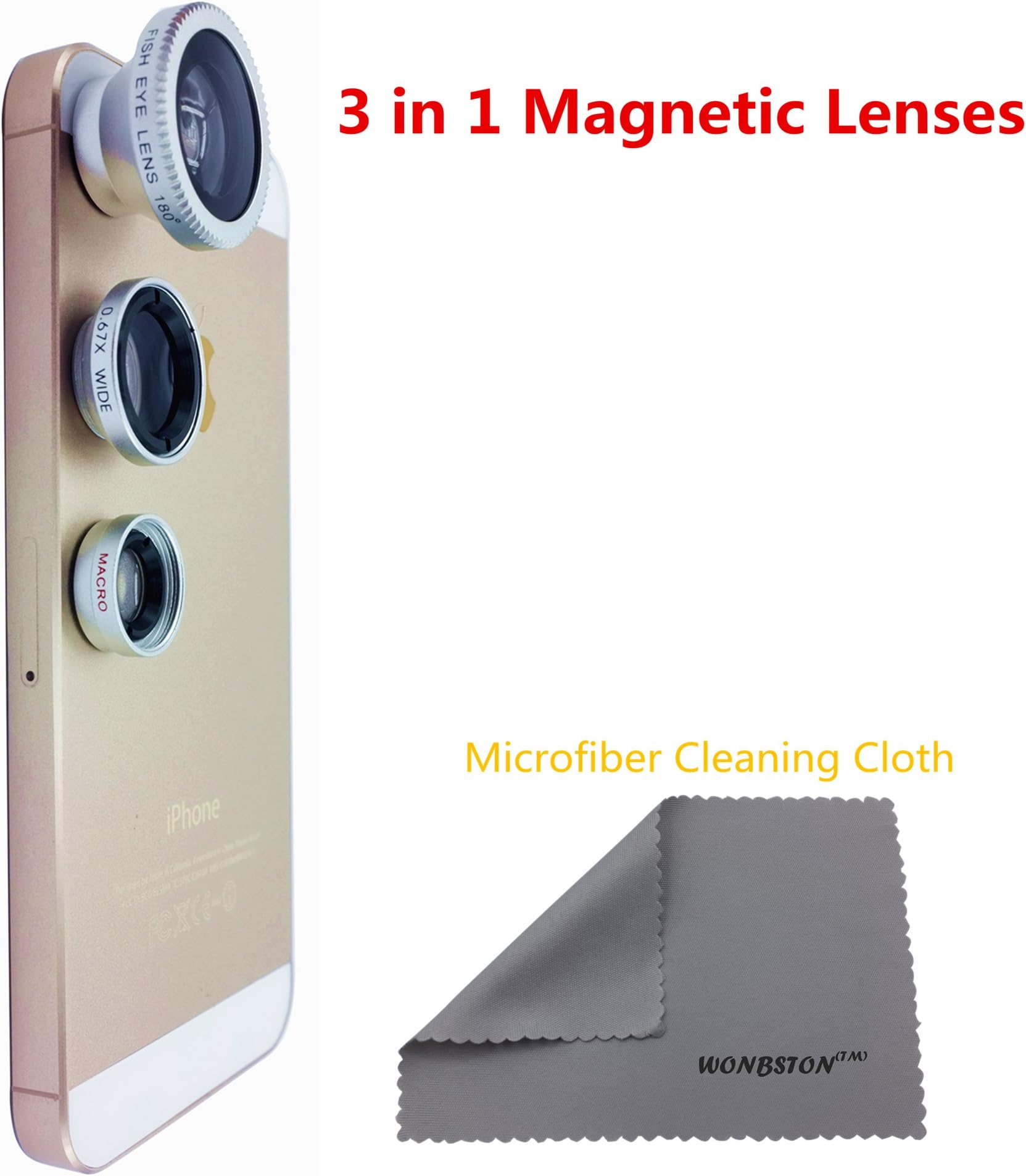 WONBSDOM 3 in 1 Universal Magnetic Detacheable Fish Eye Lens+Macro+Wide Angle(Silver)with Microfiber Cleaning Cloth for iPhone 4S 5 5S 5C 6 itouch iPad Samsung Galaxy S4 S5 Note 2/3/4 HTC Sony Nokia,etc.