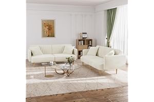 OUYESSIR Futon Sofa Bed Set of 2, Convertible Sleeper Sofa with Wood Legs, 75.3" Splitback Sofa with 2 Pillows, Velvet Futon Couch for Living Room (Beige White)