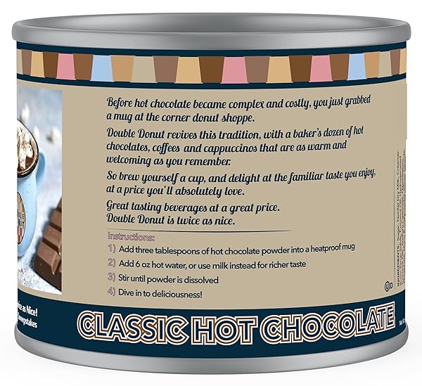 DOUBLE DONUT COFFEE CLASSIC BULK HOT CHOCOLATE MIX, RICH HOT COCOA 12 OUNCE CANISTER, HOT CHOCOLATE POWDER
