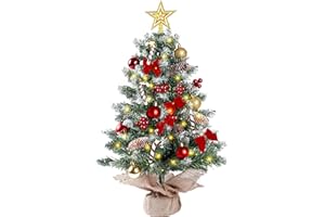 Sggvecsy 23.6’’ Mini Snow Frosted Christmas Tree Table Top Lighted Artificial Xmas Tree Star Treetop Pine Cones Red Bows Balls Candy Canes Red Berries Hanging Ornaments DIY Holiday Indoor Decorations