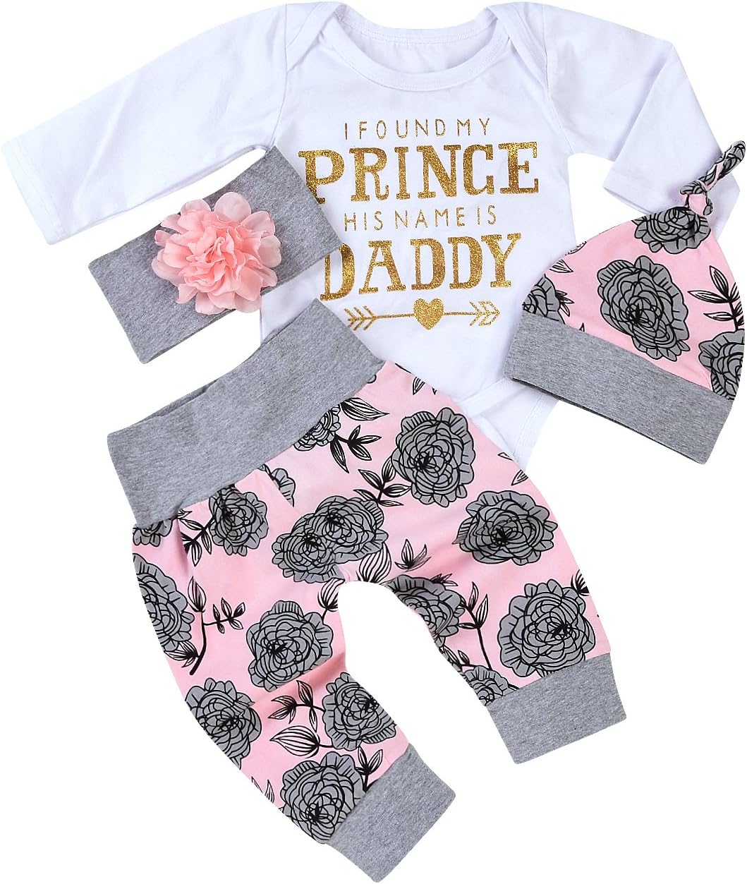 4Pcs Infant Baby Girls Arrow Letters Romper Top+Long Floral Pant Leggings+Warm Hat+Headhand Bodysuit