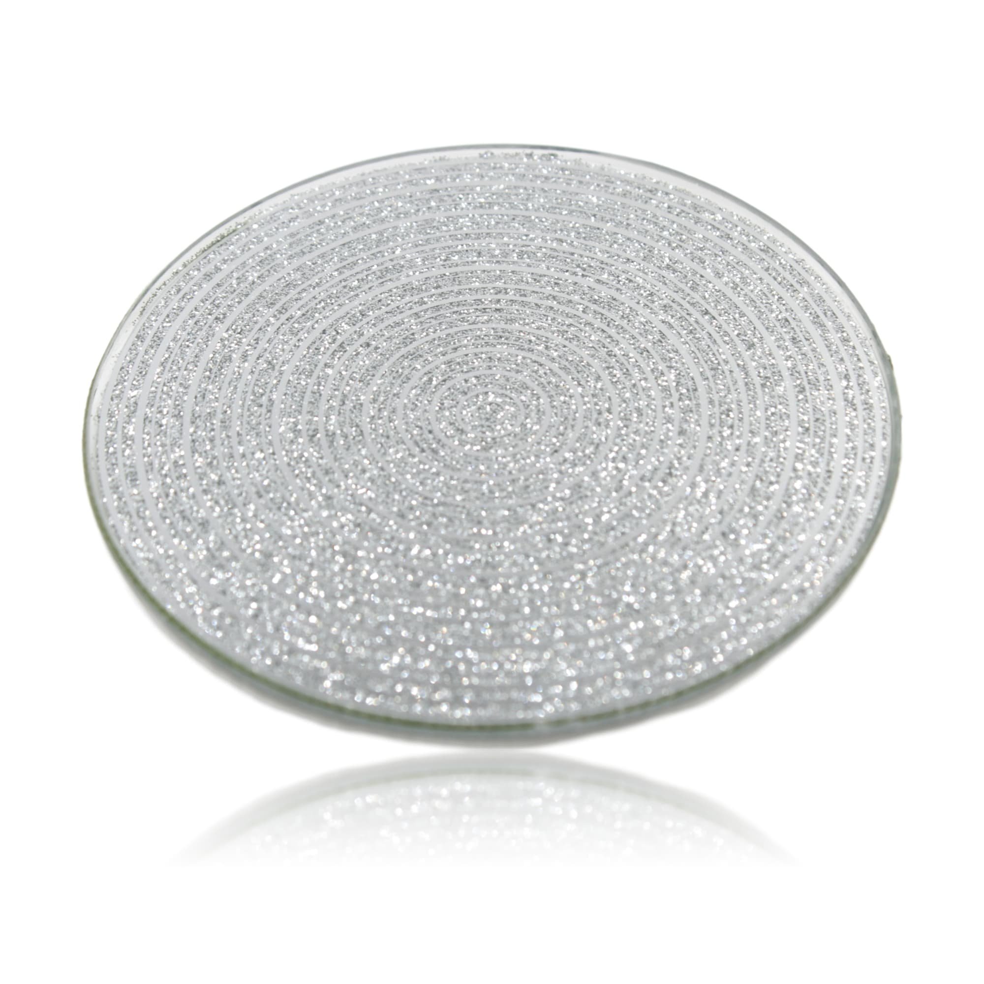 West5Products 2x Round Mirrored Silver Glitter Glass Candle Plate 10cm Dia