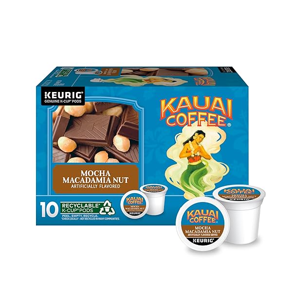 KAUAI COFFEE K-CUP PODS FOR KEURIG BREWERS – ARABICA COFFEE, 10% HAWAIIAN – MEDIUM ROAST, SAVORY AND CHOCOLATEY AROMA – MOCHA MACADAMIA NUT, 1 PACK OF 10 SINGLE SERVE K-CUPS
