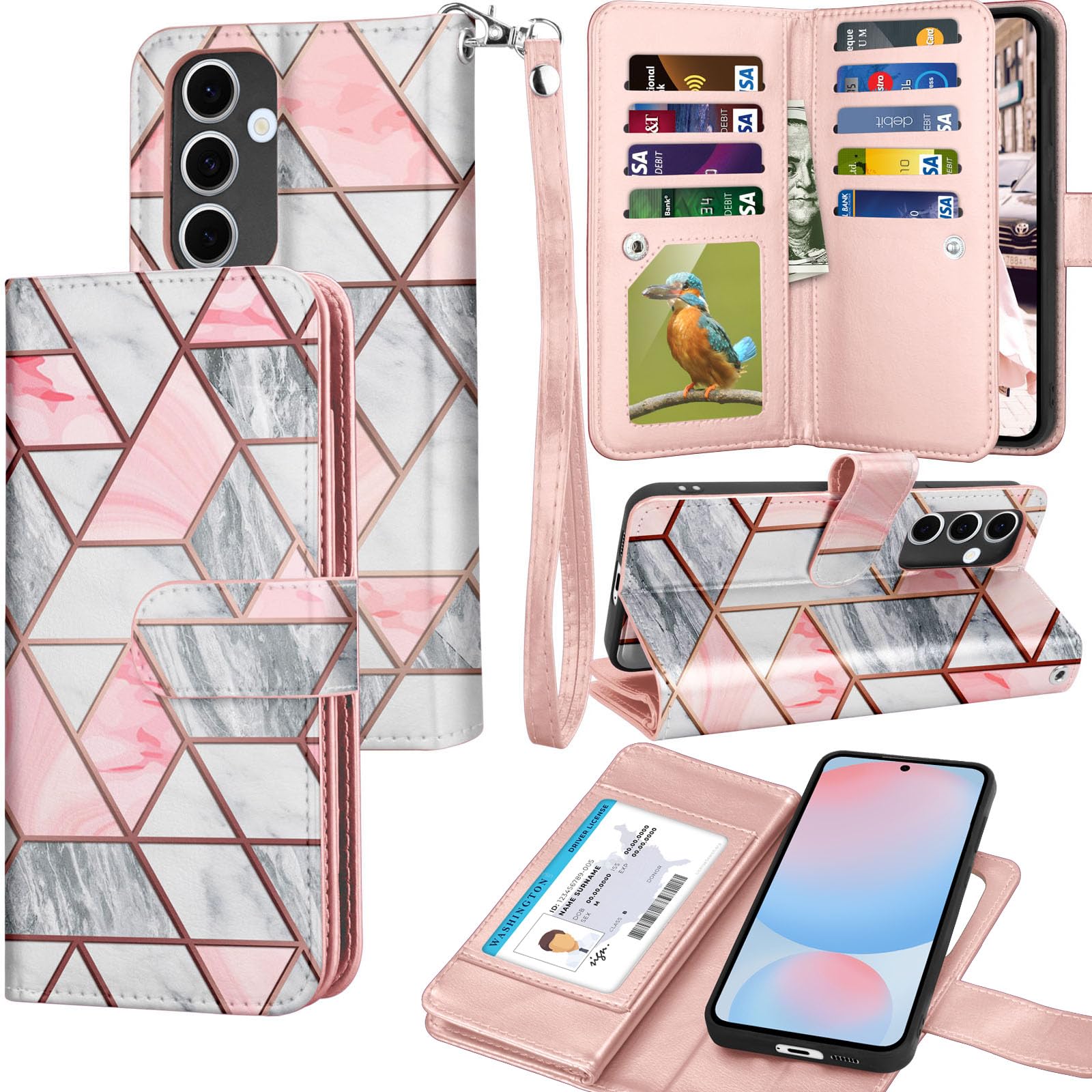 Photo 1 of Wallet Case for Galaxy S24 FE / S24 Fan Edition 5G / SM-S721, [Detachable Magnetic Case] Luxury Cash Credit Card Slots Holder Carrying Flip PU Leather Cover Strap for Samsung S24 FE 5G - Marble