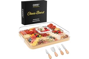 CAWIU Portable Travel Charcuterie Board with Lid and Handle - Large Bamboo Cheese Board with 4 Cheese Knife Set for Outdoor, 