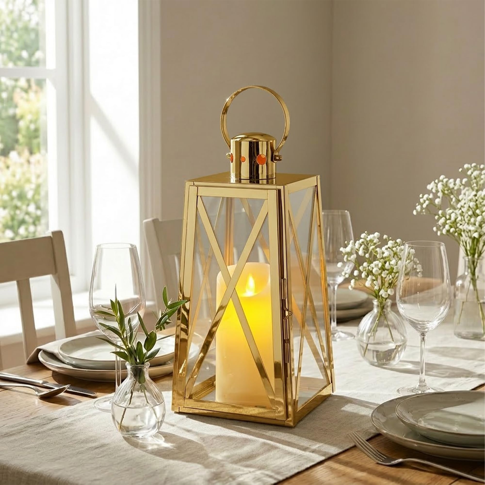 TRIROCKS 30cm High Stainless Steel Decorative Lantern Metal Candle Holder with Tempered Glass Panels Perfect for Home Decor Living Room Parties Events Tabletop Indoors Outdoors(Gold)