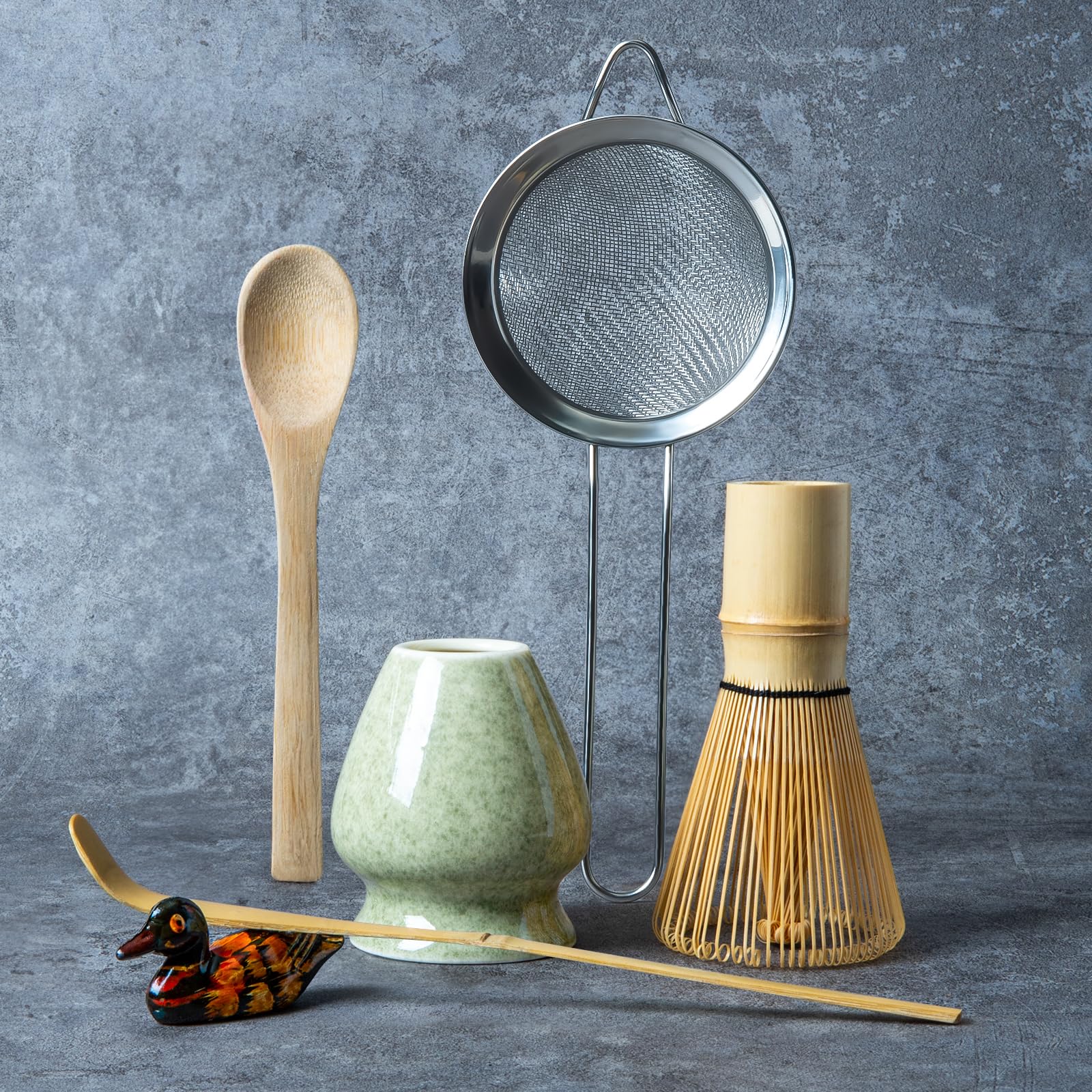 Photo 1 of Matcha Whisk Set, Matcha Making Kit Whisk (Chasen Holder), Ceramic Whisk Holder (Mottled Green), Bamboo Scoop, Powder Starter Sifter, Spoon Japanese Tea Tools For Ceremony Gift