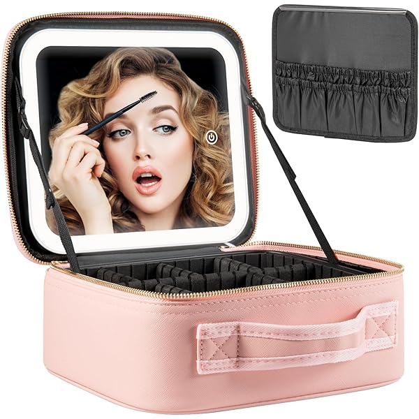 Amazon.com: Belle&rose makeup travel bag with light up mirror, Cosmetics  Train Case with Removeable LED Lighted Mirror Rechargeable 3 Color Lights  Adjustable Brightness (Large,Pink) :