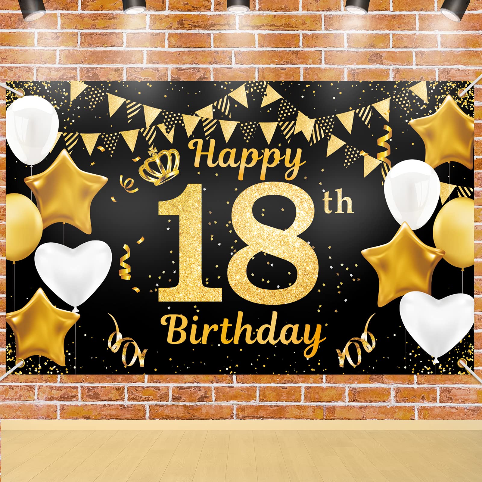 Qpout 18th Birthday Extra Large Background Decoration Banner, Legal 18th Boys Girls Happy Birthday Party Photo Booth Black Gold Backdrop, Cheers To 18 Years Old Party Favour Supplies, 71 x 43.3 inch