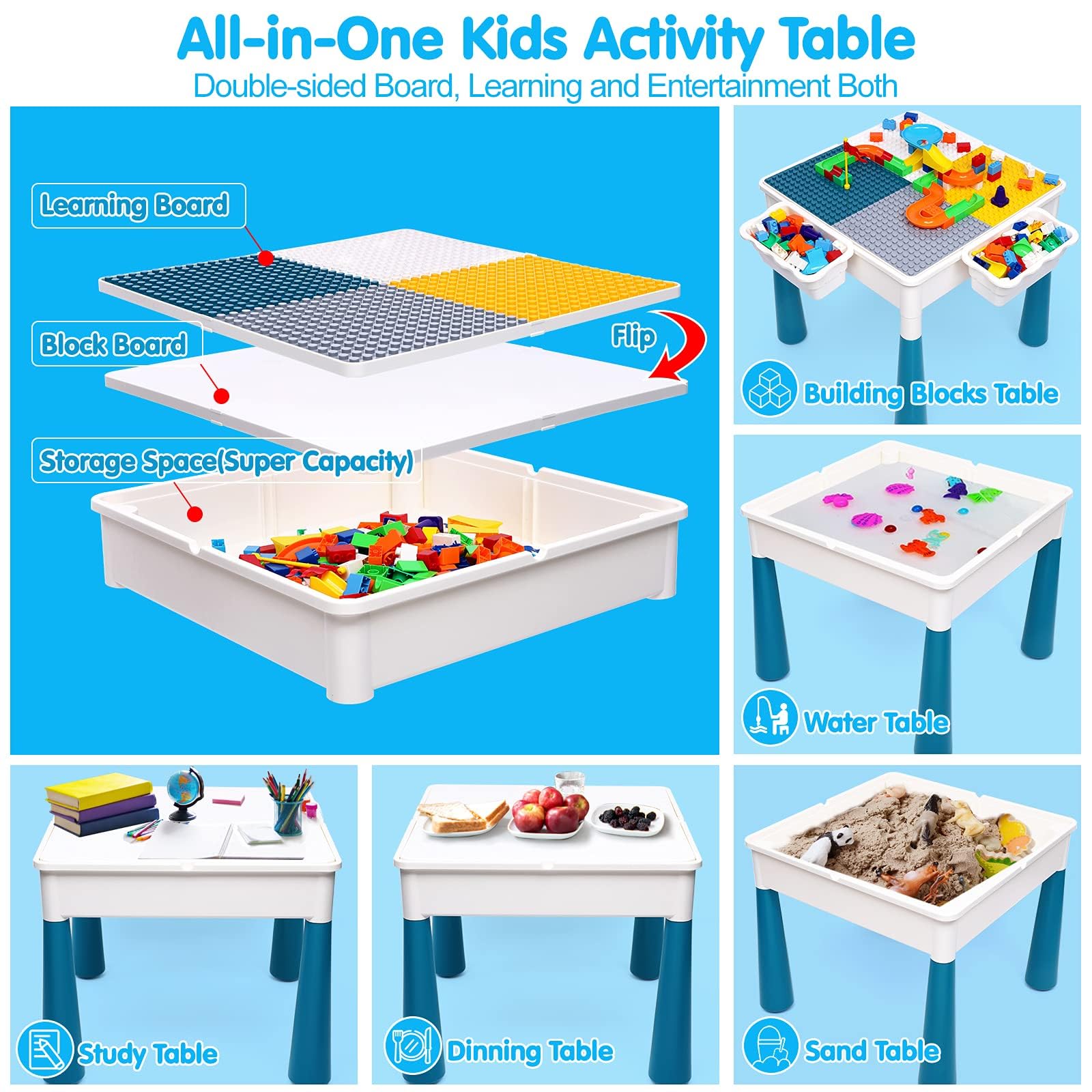 Kids Activity Table Toddlers Kids Table and Chair Set with 152Pcs Large Marble Run Building Blocks All in One Kids Play Water Tables Sand Tables, STEM Toys for Boys Girls 3 4 5 6 Year Old