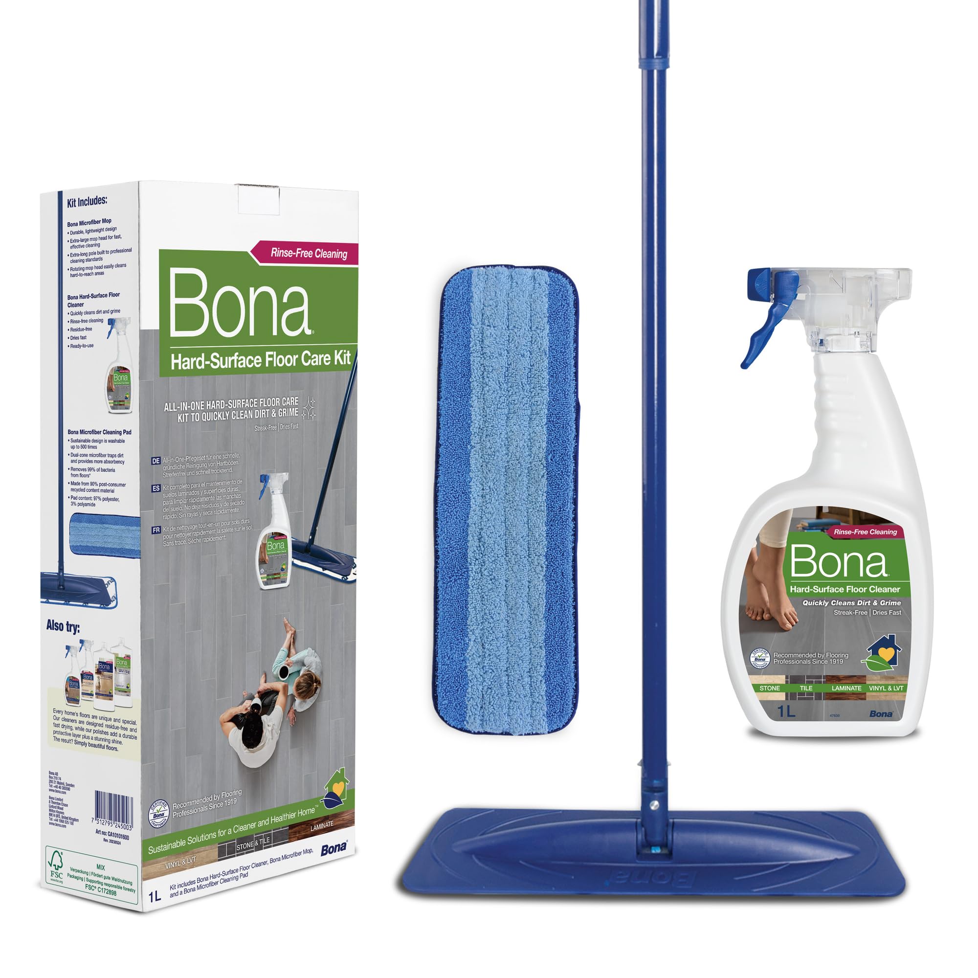 Bona Hard Surface Floor Cleaning Starter Kit, includes Mop, Machine Washable Mop Pad and Bona Hard Surface Floor Cleaner Liquid 1 Litre, White