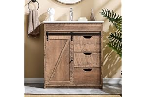 Aitjunz 30" Farmhouse Bathroom Vanity with Sink, 33.7" Tall Bathroom Vanity w/Sliding Barn Door, Wooden Floor Standing Bathroom Cabinet w/3 Drawers & Adjustable Shelves, Light Brown