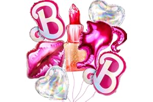 Cadeya 8 Pcs Pink Girls Head Balloons, 28”Hot Pink Lips Heart Lipstick Aluminum Foil Balloons for Girl Birthday, Baby Shower, Princess Doll Theme Party Decorations Supplies