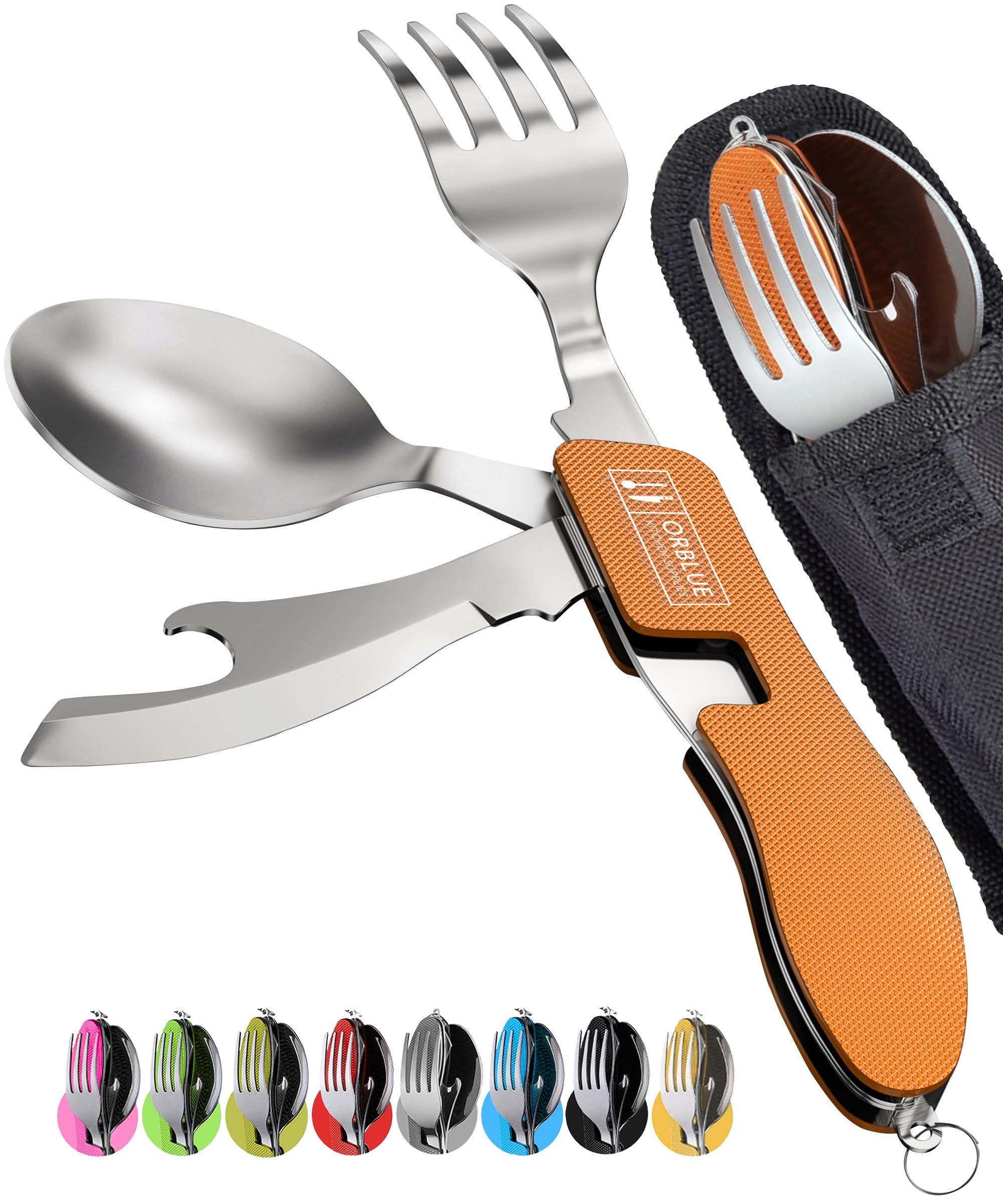 Photo 1 of Orblue 4-in-1 Camping Eating Utensils, 2-Pack - Portable Spoon, Fork, Knife & Bottle Opener Combo Set - Stainless Steel Flatware with Detachable Fork - Travel, Backpacking Cutlery Multitool, Orange