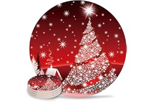 CUSTOM BED USA Christmas Coasters For Drinks Set of 4, Absorbent Ceramic Coaster with Cork Back, Use as House, Living Room or Coffee Bar Decor, Shiny Starry Red Christmas Tree