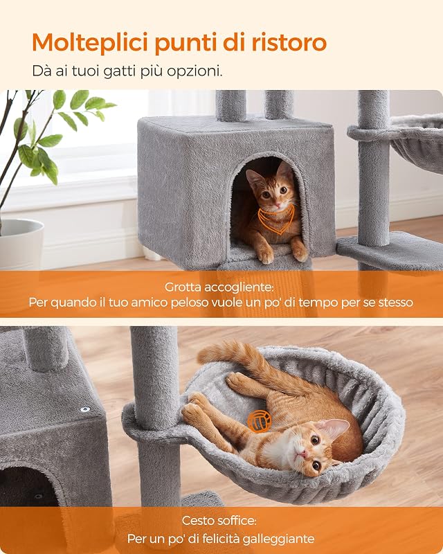 Albero per Gatti, Tiragraffi Piccolo da 135 cm, Condominio per Gatti in Peluche a più Livelli con Copertura per Trespolo Rimovibile Lavabile, Graffiatoio, Cesto, Grotta, Grigio Chiaro