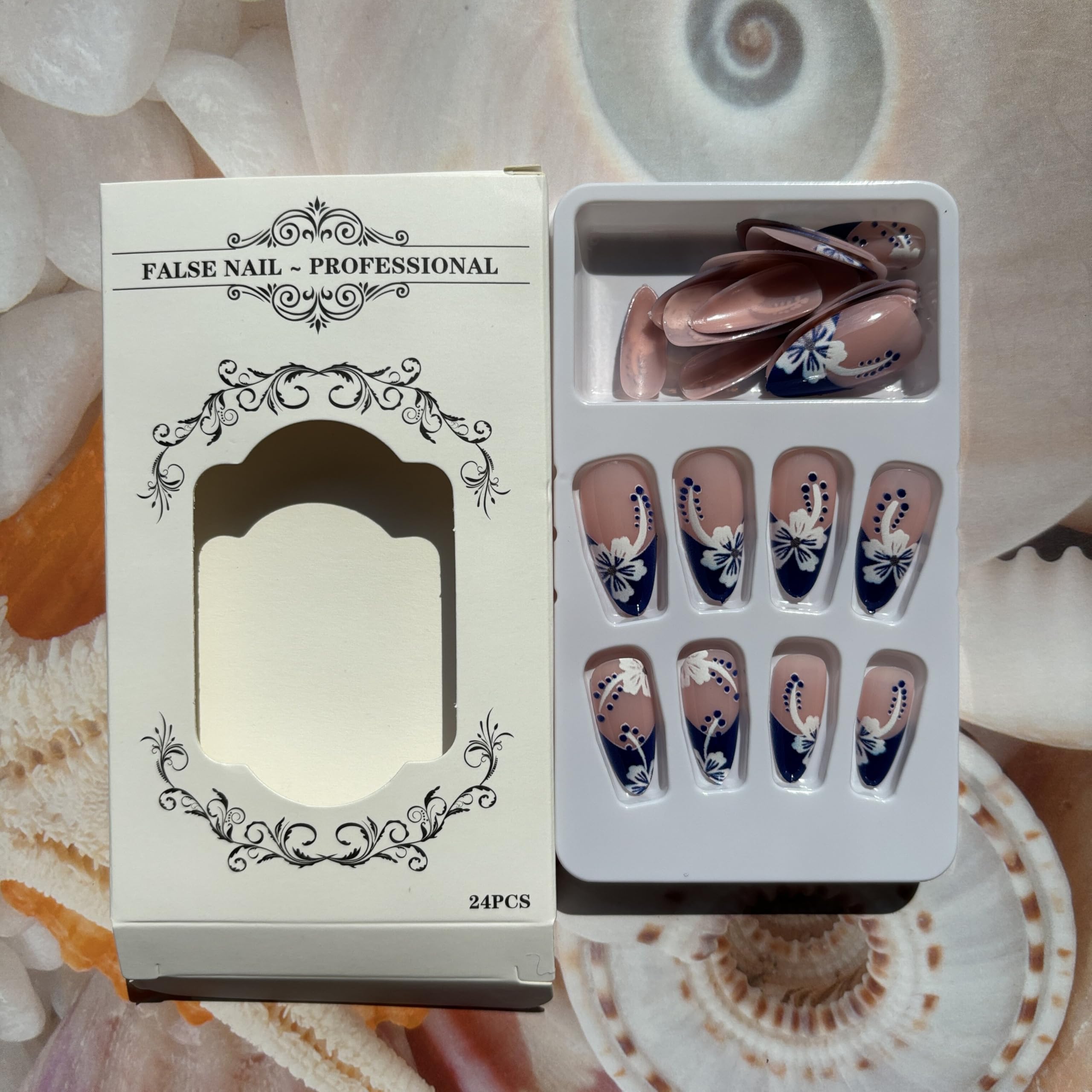 French Tip Press on Nails Nude Pink Fake Nails Almond False Nails with White Flowers Designs Blue Tip Glue on Nails Spring Summer Stick on Nails Full Cover Acrylic Nails Cute Artificial Nails - Image 2