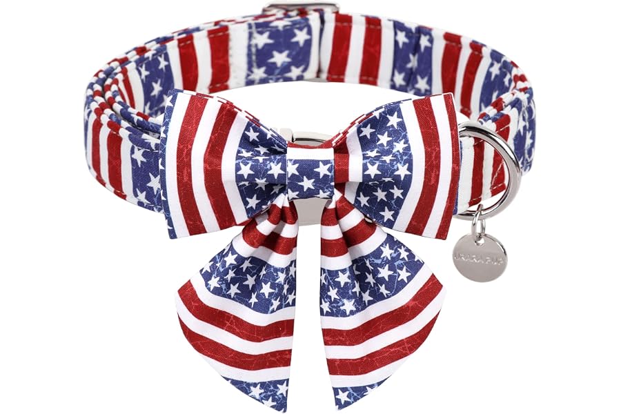 UP URARA PUP Patriotic Dog Collar with Bow Tie, 4th of July Bowtie Dog Collar, American Flag Collar for Medium Boy Girl Dog, Comfortable Summer Bowtie Collar with Metal Buckle, M